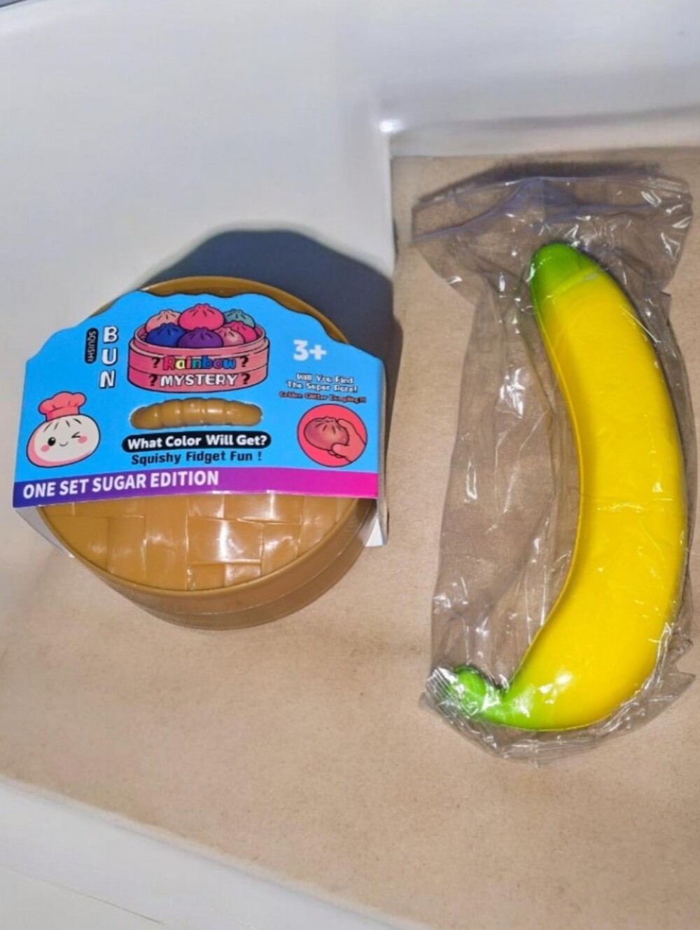 Rainbow Mystery Squishy Bun & Yellow Banana Sensory Toy Set